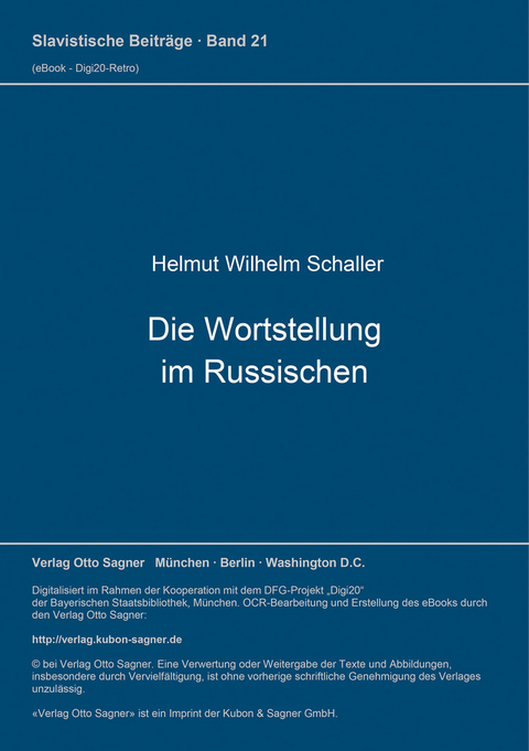 Die Wortstellung im Russischen - Helmut Wilhelm Schaller