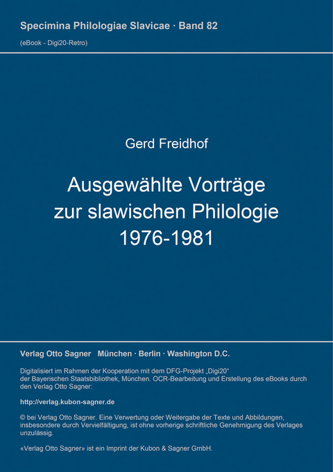 Ausgewählte Vorträge zur slawischen Philologie 1976-1981 - Gerd Freidhof