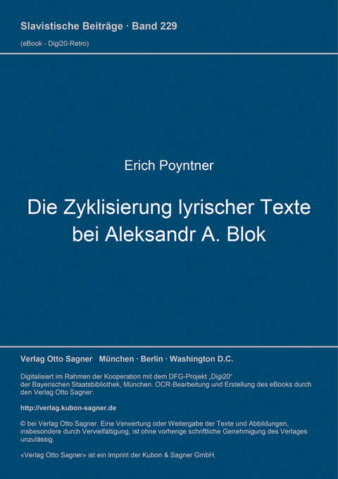 Die Zyklisierung lyrischer Texte bei Aleksandr A. Blok - Erich Poyntner