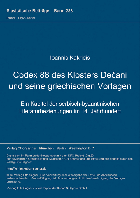 Codex 88 des Klosters Dečani und seine griechischen Vorlagen - Ioannis Kakridis