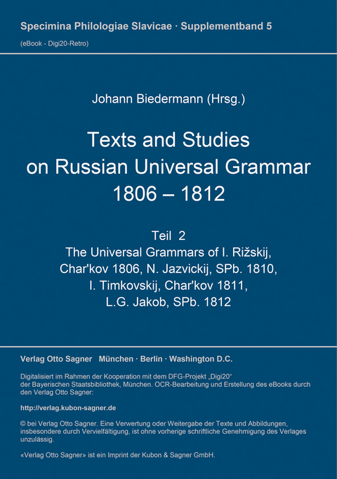 Texts and studies on Russian universal grammar 1806 - 1812 - 