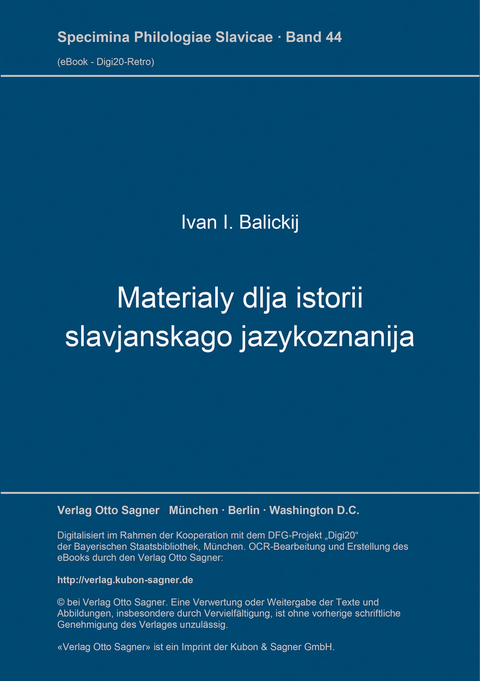 Materialy dlja istorii slavjanskago jazykoznanija - Ivan I. Balickij