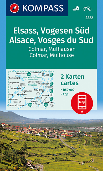 KOMPASS Wanderkarte Elsass, Vogesen Süd, Alsace, Vosges du Sud, Colmar, Mülhausen, Mulhouse - 