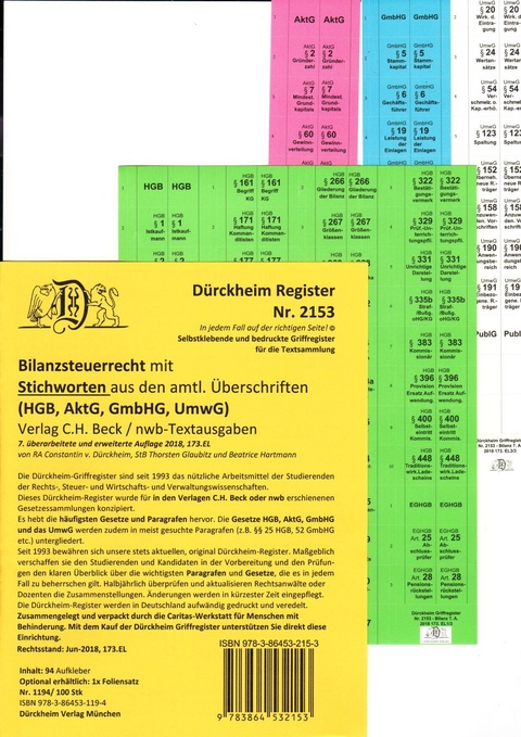 DürckheimRegister® BILANZSTEUERRECHT (AktG, GmbHG, HGB, UmwG) mit Stichworten (2019) - Thorsten Glaubitz, Constantin Dürckheim, Beatrice Hartmann