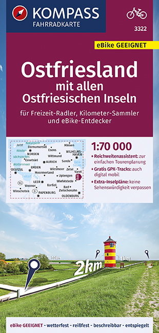 KOMPASS Fahrradkarte Ostfriesland mit allen Ostfriesischen Inseln 1:70.000, FK 3322 - 