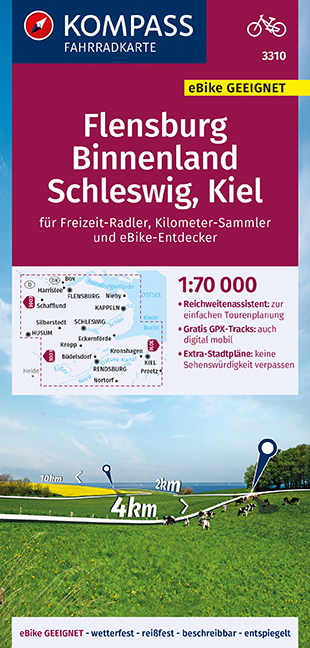 KOMPASS Fahrradkarte Flensburg Binnenland, Schleswig, Kiel 1:70.000, FK 3310 - 