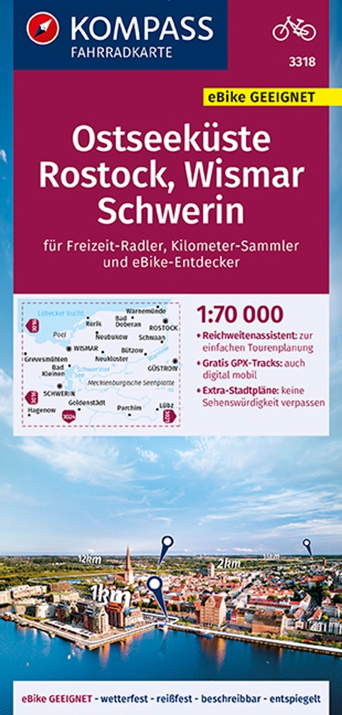 KOMPASS Fahrradkarte 3318 Ostseeküste, Rostock, Wismar, Schwerin 1:70.000