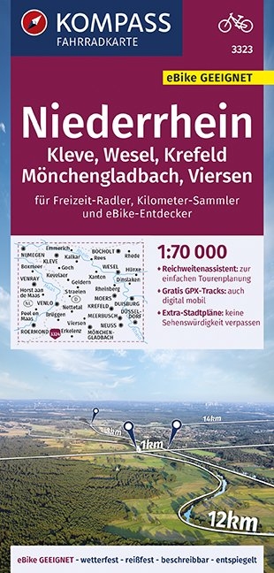 KOMPASS Fahrradkarte Niederrhein, Kleve, Wesel, Krefeld, Mönchengladbach, Viersen 1:70.000, FK 3323 - 