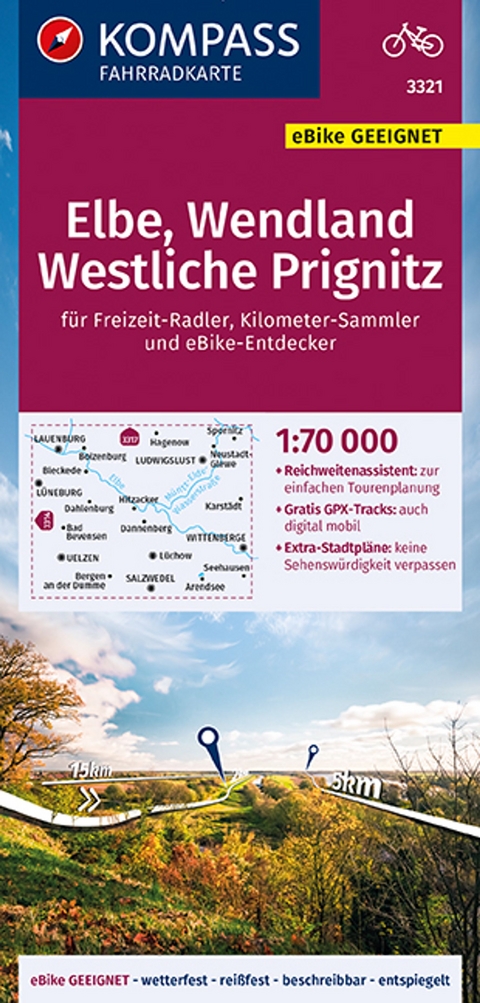 KOMPASS Fahrradkarte 3321 Elbe, Wendland, Westliche Prignitz 1:70.000