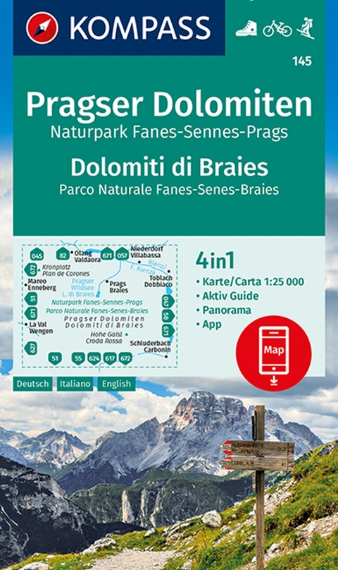 KOMPASS Wanderkarte 145 Pragser Dolomiten, Naturpark Fanes-Sennes-Prags, Dolomiti di Braies, Parco Naturale Fanes-Senes-Braies