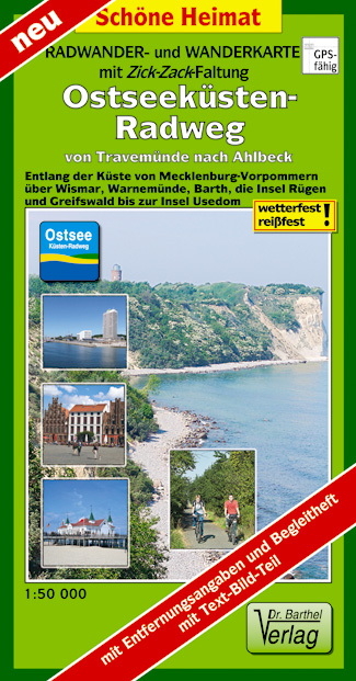 Radwander- und Wanderkarte mit Zick‑Zack‑Faltung Ostseeküsten-Radweg von Travemünde nach Ahlbeck