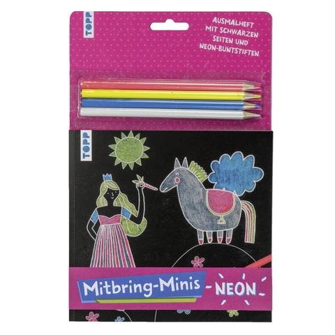 Mitbring-Minis Schwarzes Ausmalheft mit Neon-Buntstiften -  Frechverlag