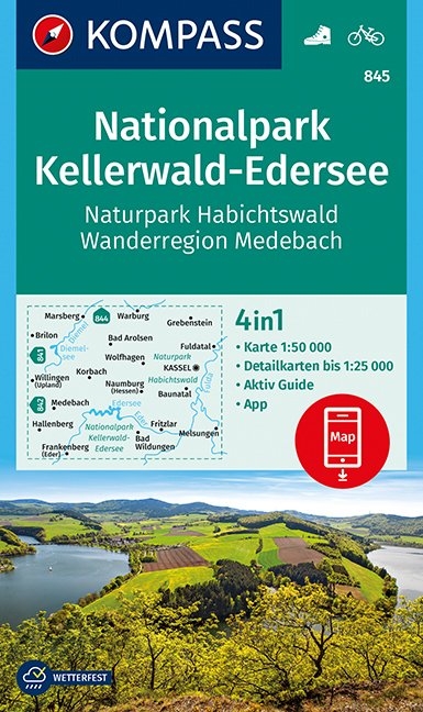 KOMPASS Wanderkarte Nationalpark Kellerwald-Edersee, Naturpark Habichtswald, Wanderregion Medebach - 