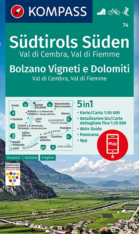 KOMPASS Wanderkarte 74 Südtirols Süden - Bolzano Vigneti e Dolomiti - Val di Cembra - Val di Fiemme 1:50.000