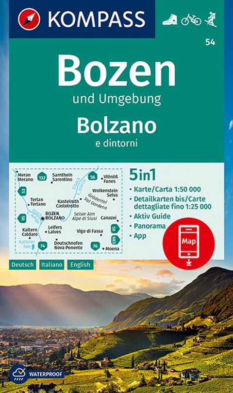 KOMPASS Wanderkarte 54 Bozen und Umgebung, Bolzano e dintorni 1:50.000