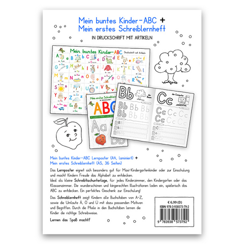 Mein buntes Kinder-ABC DIN A4 laminiert + Mein erstes Schreiblernheft - Set in Druckschrift