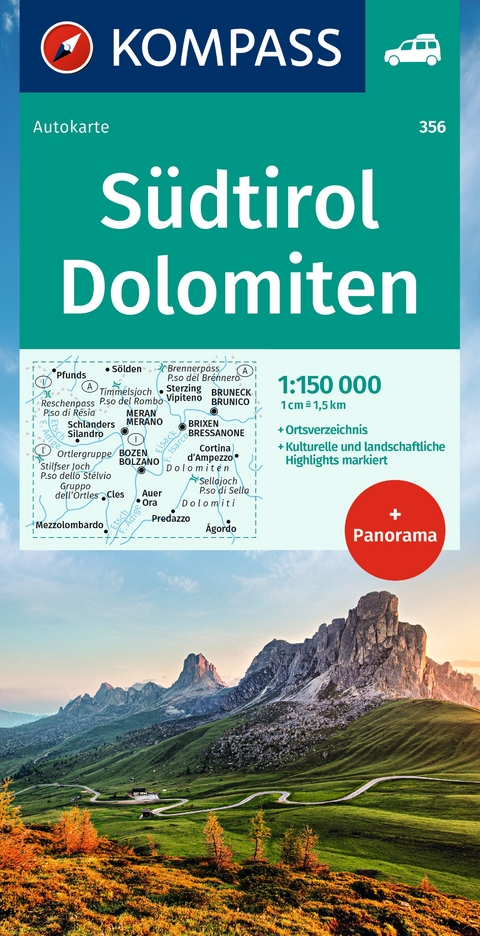 KOMPASS Autokarte Südtirol, Dolomiten/Alto Adige , Dolomiti 1:150.000