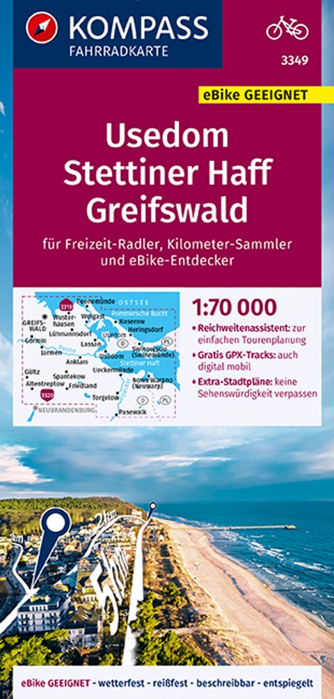 KOMPASS Fahrradkarte 3349 Usedom, Stettiner Haff, Greifswald 1:70.000