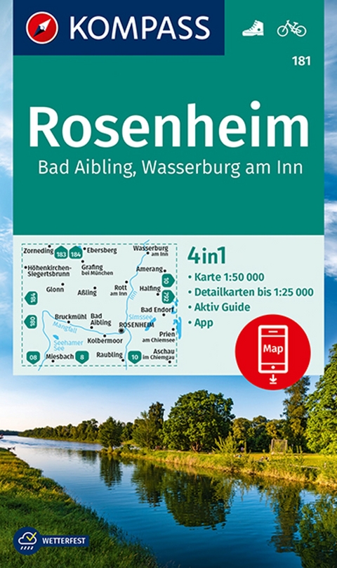 KOMPASS Wanderkarte 181 Rosenheim, Bad Aibling, Wasserburg am Inn 1:50.000