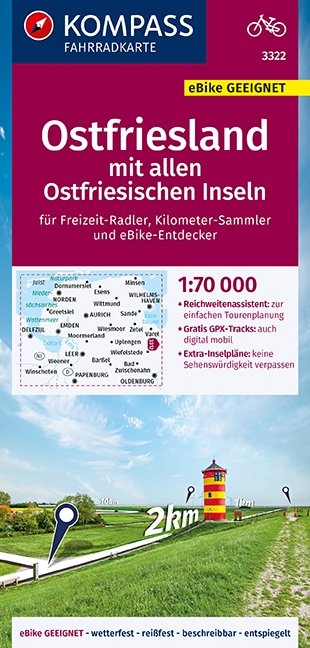 KOMPASS Fahrradkarte Ostfriesland mit allen Ostfriesischen Inseln 1:70.000, FK 3322 - 