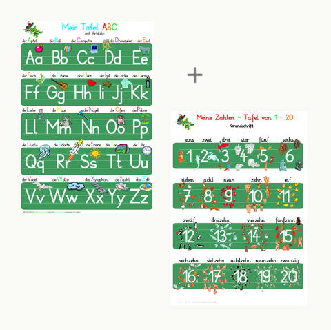 Mein Tafel-ABC in Druckschrift mit Artikeln + Meine Zahlen Tafel in Druckschrift-Set - Helga Momm