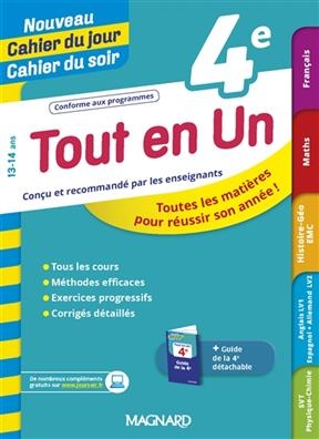 Tout en un 4e, 13-14 ans : toutes les matières pour réussir son année ! -  CAHIER JOUR/SOIR