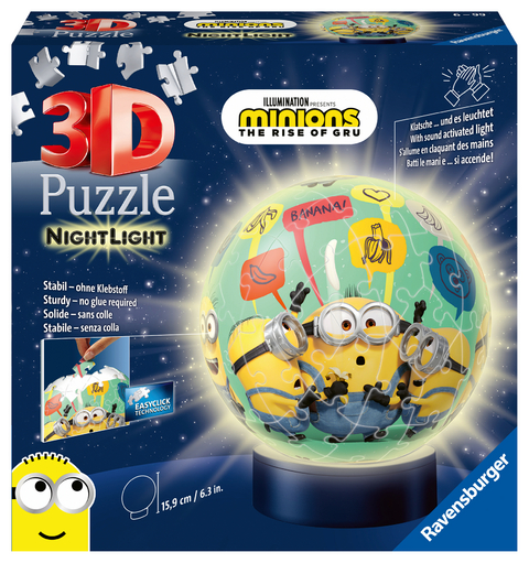 Ravensburger 3D Puzzle 11180 - Nachtlicht Puzzle-Ball Minions - 72 Teile - ab 6 Jahren, LED Nachttischlampe mit Klatsch-Mechanismus