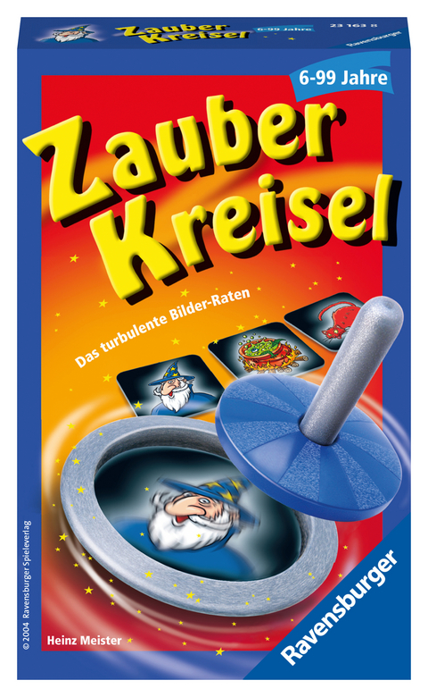 Ravensburger 23163 - Zauberkreisel, Mitbringspiel für 2-6 Spieler, ab 6 Jahren, kompaktes Format, Reisespiel, Ratespiel - Heinz Meister