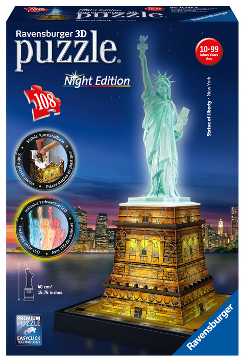 Ravensburger 3D Puzzle Freiheitsstatue bei Nacht 12596 - Das berühmte Bauwerk in New York als Night Edition mit LED