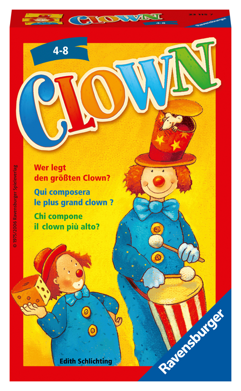 Ravensburger 23115 - Clown, Mitbringspiel für 2-6 Spieler, Kinderspiel ab 4 Jahren, kompaktes Format, Reisespiel, Würfelspiel - Edith Schlichting