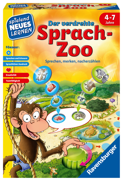 Ravensburger 24945 - Der verdrehte Sprach-Zoo - Spielen und Lernen für Kinder, Lernspiel für Kinder von 4-7 Jahren, Spielend Neues Lernen für 2-4 Spieler - Klaus Kreowski