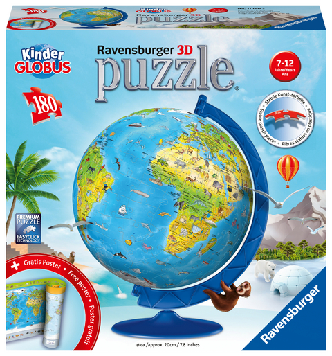 Ravensburger 3D Puzzle 11160 - Puzzle-Ball Kinderglobus in deutscher Sprache - 180 Teile - Puzzle-Ball Globus für Kinder ab 6 Jahren