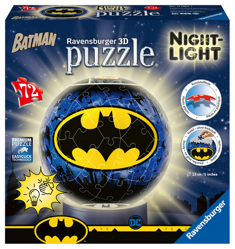 Ravensburger 3D Puzzle 11080 - Nachtlicht Puzzle-Ball Batman - 72 Teile - ab 6 Jahren, LED Nachttischlampe mit Klatsch-Mechanismus