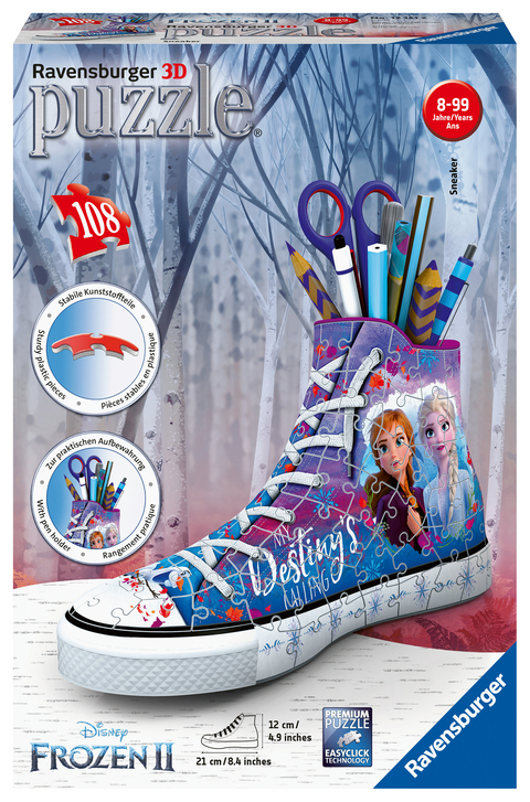 Ravensburger 3D Puzzle 12121 Sneaker Disney Frozen 2 - Praktischer Stiftehalter - 108 Teile - Schreibtisch-Organizer für Kinder ab 8 Jahren