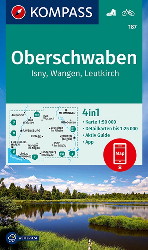 KOMPASS Wanderkarte 187 Oberschwaben, Isny, Wangen, Leutkirch 1:50.000