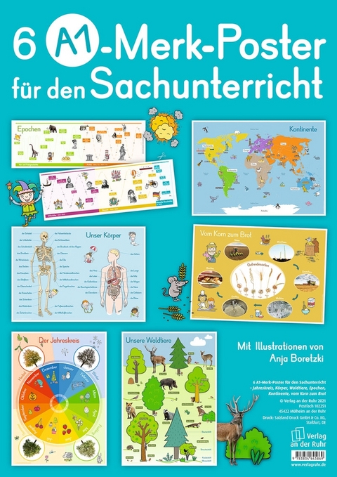 6 A1-Merk-Poster für den Sachunterricht – Jahreskreis, Körper, Waldtiere, Epochen, Kontinente, vom Korn zum Brot