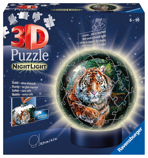 Ravensburger 3D Puzzle 11248 - Nachtlicht Puzzle-Ball Raubkatzen - 72 Teile - ab 6 Jahren, LED Nachttischlampe mit Klatsch-Mechanismus