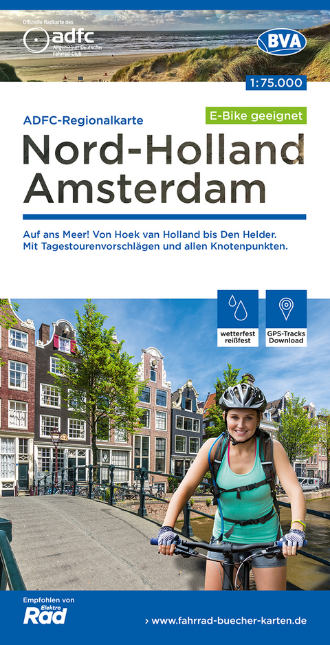 ADFC-Regionalkarte Nord-Holland Amsterdam, 1:75.000, mit Tagestourenvorschläge, reiß- und wetterfest, E-Bike-geeignet, mit Knotenpunkten, GPS-Tracks Download