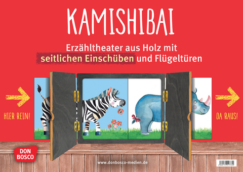 Kamishibai mit seitlichem Einschub, durchsichtiger Rückwand und Flügeltüren. Erzähltheater für Bildkarten in DIN A3