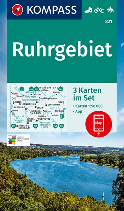 KOMPASS Wanderkarten-Set 821 Ruhrgebiet (3 Karten) 1:50.000