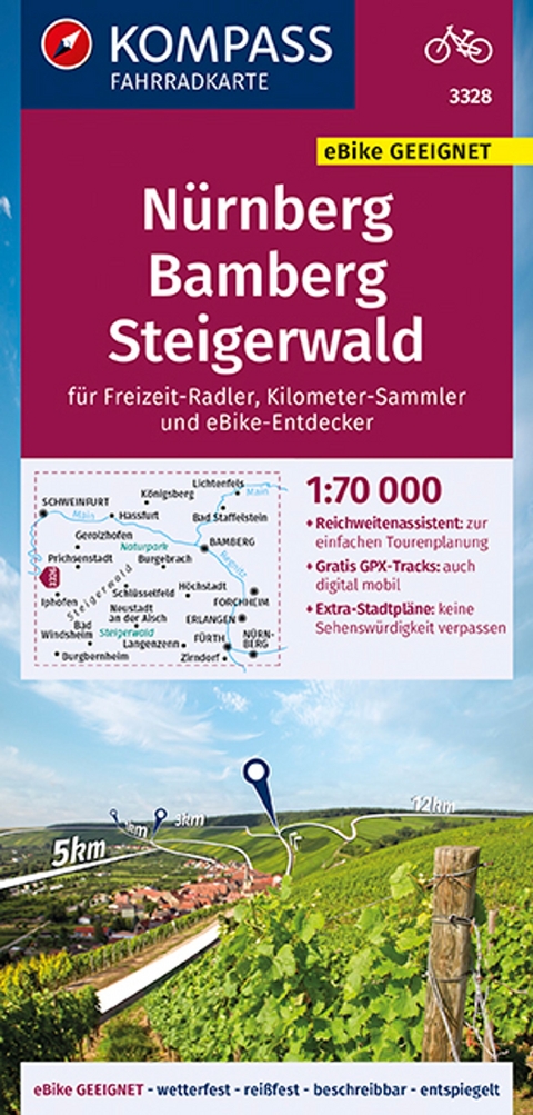 KOMPASS Fahrradkarte 3328 Nürnberg, Bamberg, Steigerwald 1:70.000