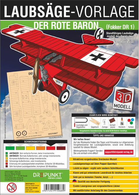 3D Laubsägevorlage Der Rote Baron (Dreidecker Fokker DR 1) - 