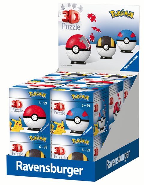 Ravensburger 3D Puzzle 94617 - 12er Verkaufskassette Pokémon Pokéballs - 3 Motive - 54 Teile - für Pokémon Fans ab 6 Jahren