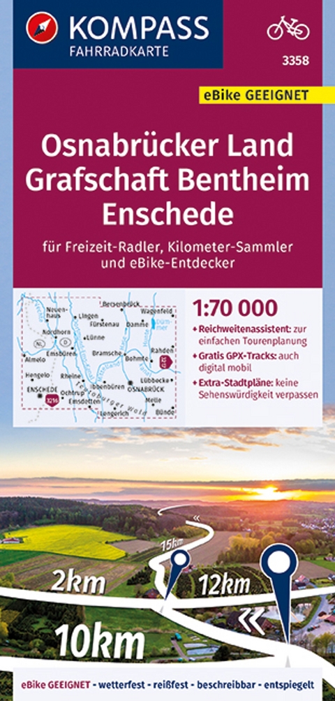 KOMPASS Fahrradkarte 3358 Osnabrücker Land, Grafschaft Bentheim, Enschede 1:70.000