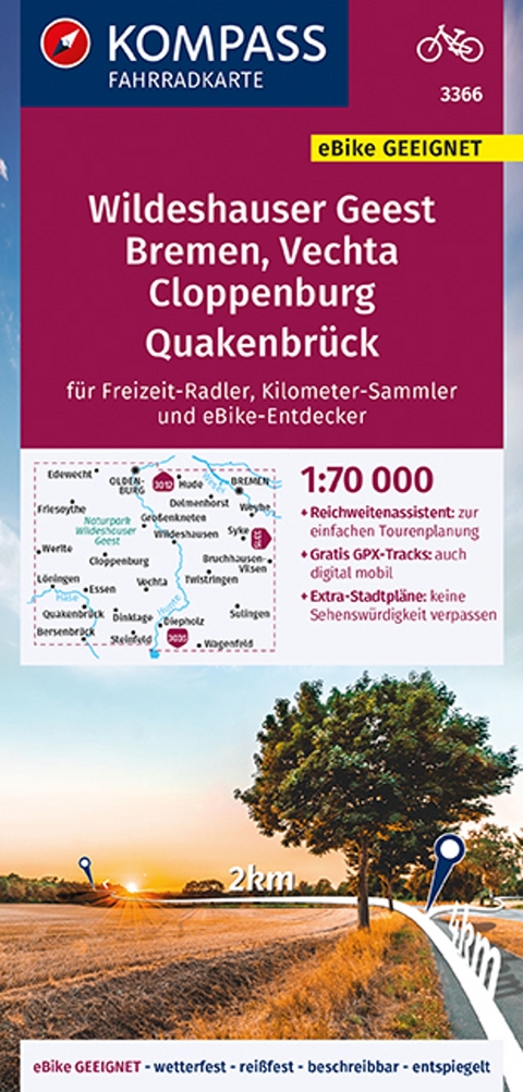 KOMPASS Fahrradkarte 3366 Wildeshauser Geest Bremen Vechta Cloppenburg Quakenbrück mit Knotenpunkten 1:70.000