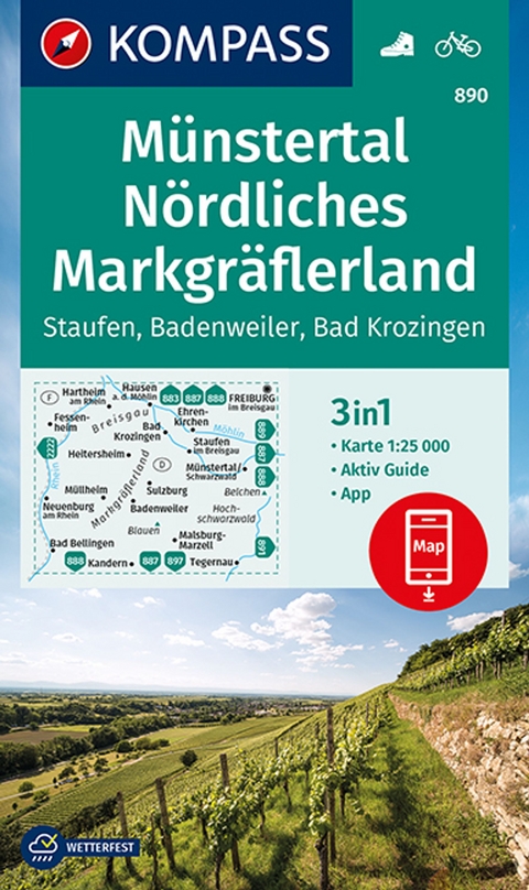 KOMPASS Wanderkarte 890 Münstertal, Nördliches Markgräflerland, Staufen, Badenweiler, Bad Krozingen 1:25.000