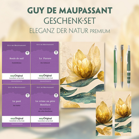 Guy de Maupassant Geschenkset - 4 Bücher (mit Audio-Online) + Eleganz der Natur Schreibset Premium - Guy de Maupassant