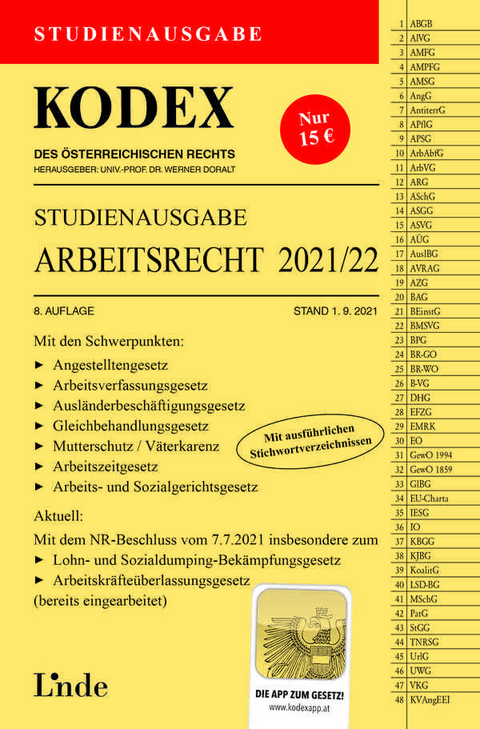 KODEX Studienausgabe Arbeitsrecht 2021/22 - Gerda Ercher-Lederer, Edda Stech